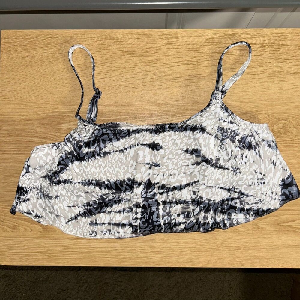 Lucky Brand Tankini Swim Top M Black White Animal Print Ruffle Adjustable Straps